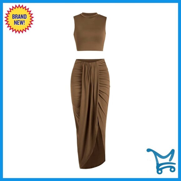 Dresses & Skirts - Sleeveless Crop Top Maxi Skirt Set Ruched Side Slit Elegant Party Wear